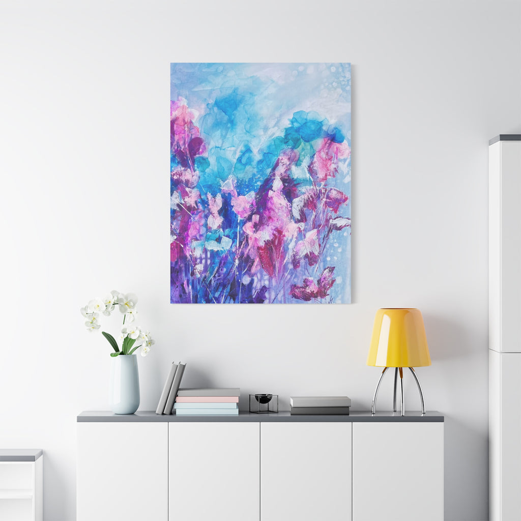 Blütenzauber im Licht – Abstraktes Leinwandbild mit modernen Blumen in Türkis & Pink