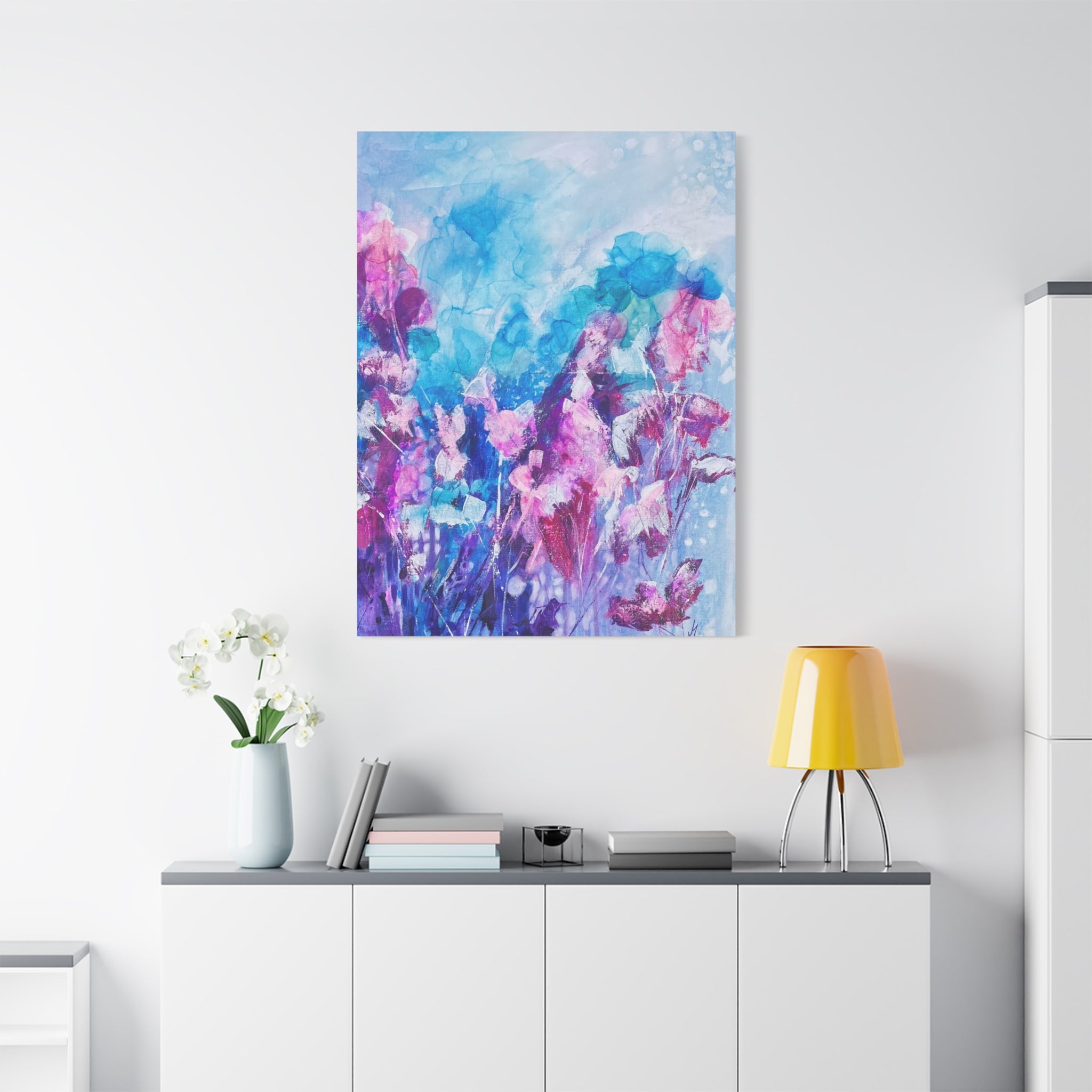 Floral magic in the light – Abstract canvas painting with modern flowers in turquoise & pink