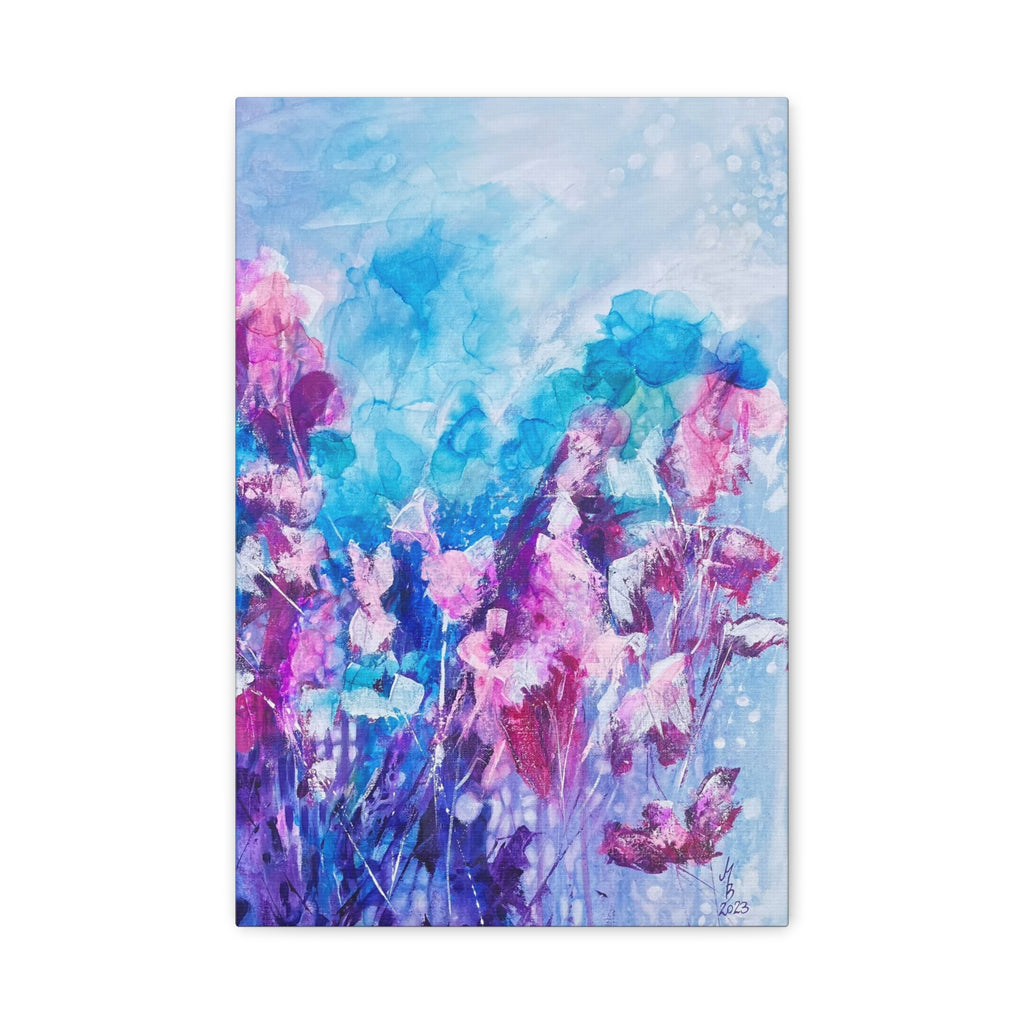 Blütenzauber im Licht – Abstraktes Leinwandbild mit modernen Blumen in Türkis & Pink