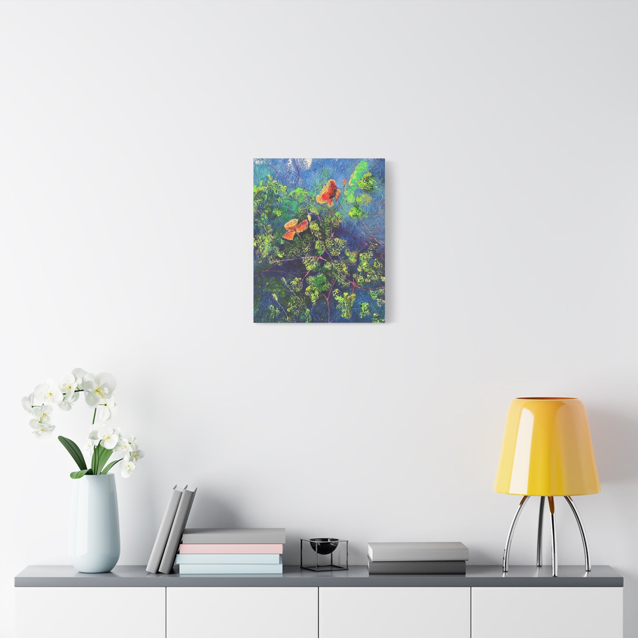 Blumen der Nacht – Ausdrucksstarke Natur in Blau und Orange - Blumenabstrakt Leinwanddruck