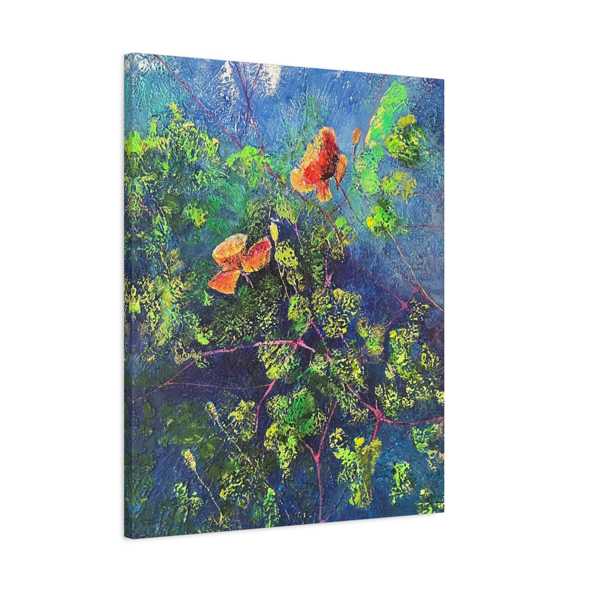 Blumen der Nacht – Ausdrucksstarke Natur in Blau und Orange - Blumenabstrakt Leinwanddruck