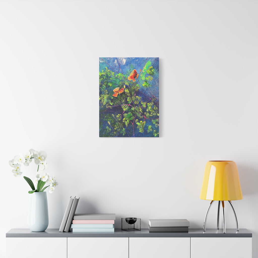Blumen der Nacht – Ausdrucksstarke Natur in Blau und Orange - Blumenabstrakt Leinwanddruck