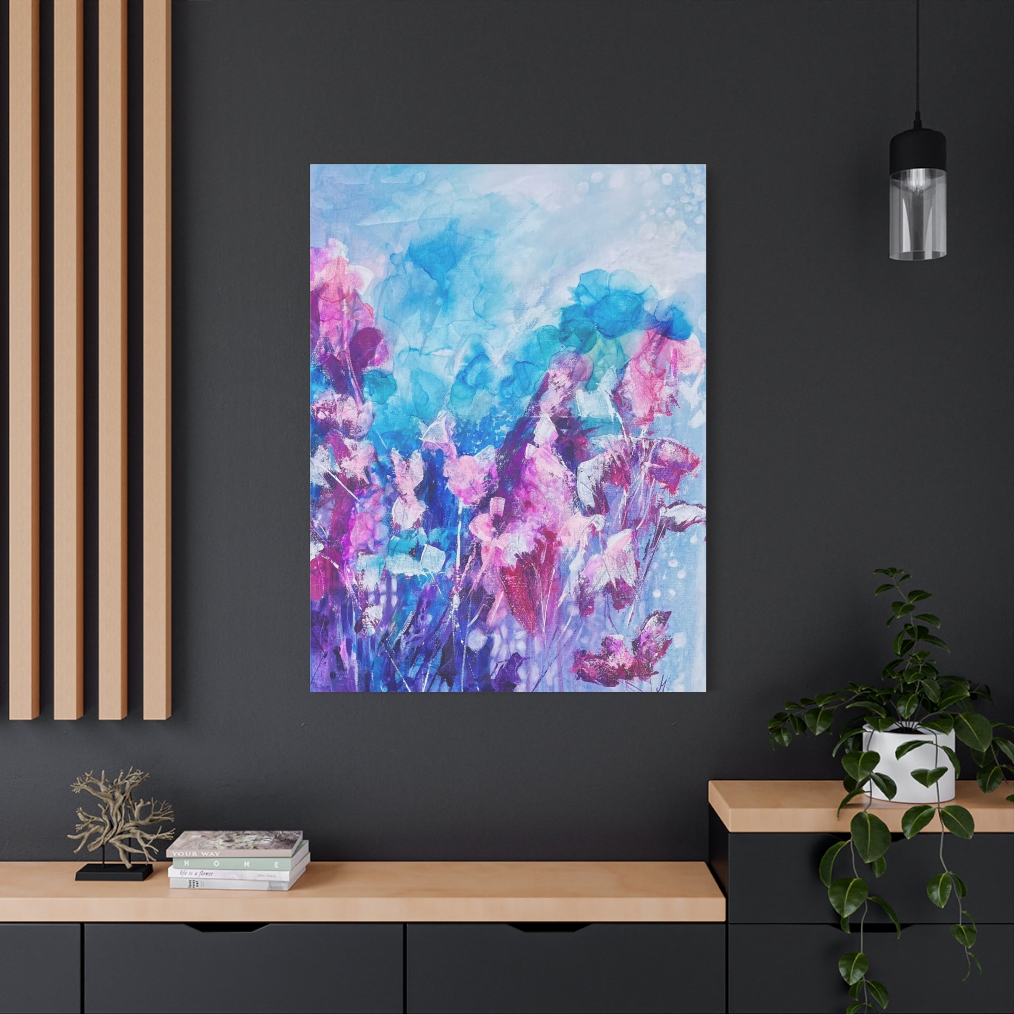 Blütenzauber im Licht – Abstraktes Leinwandbild mit modernen Blumen in Türkis & Pink