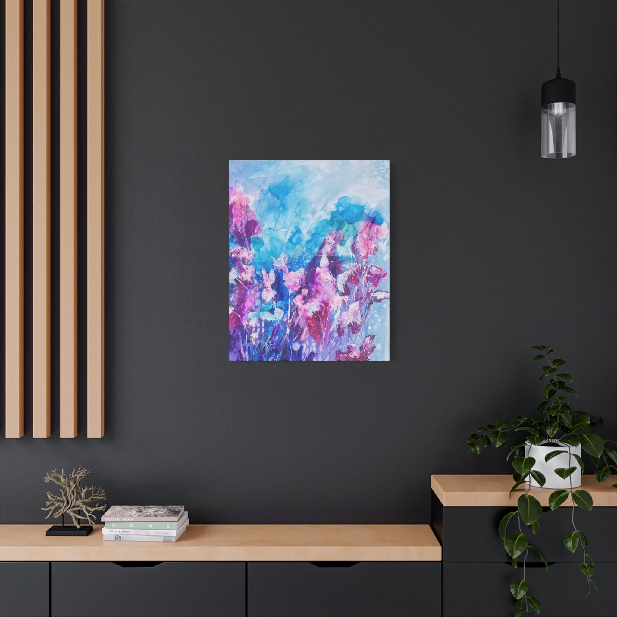 Blütenzauber im Licht – Abstraktes Leinwandbild mit modernen Blumen in Türkis & Pink