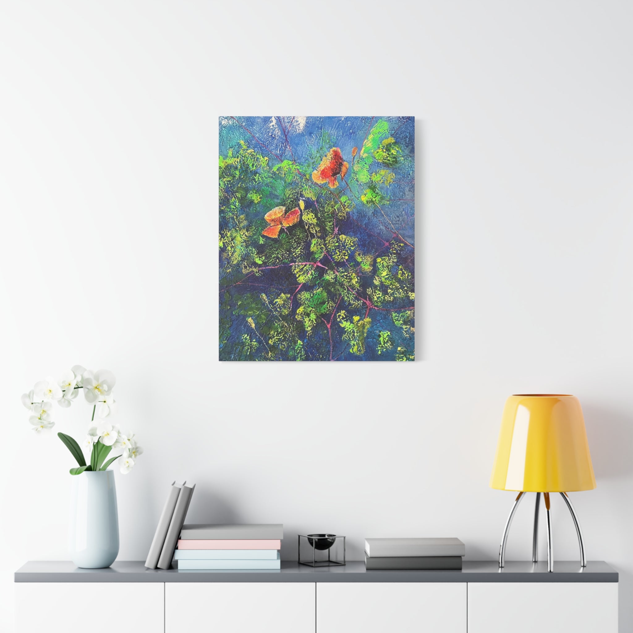 Blumen der Nacht – Ausdrucksstarke Natur in Blau und Orange - Blumenabstrakt Leinwanddruck