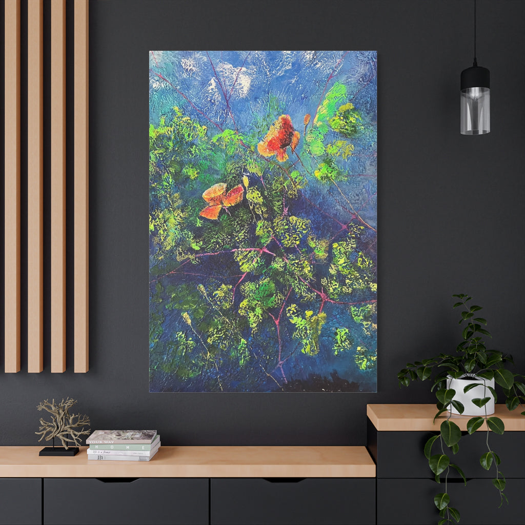 Blumen der Nacht – Ausdrucksstarke Natur in Blau und Orange - Blumenabstrakt Leinwanddruck