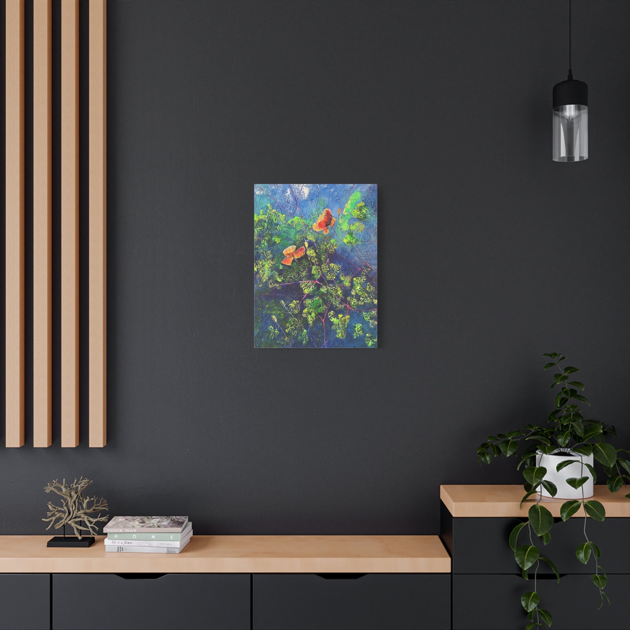 Blumen der Nacht – Ausdrucksstarke Natur in Blau und Orange - Blumenabstrakt Leinwanddruck
