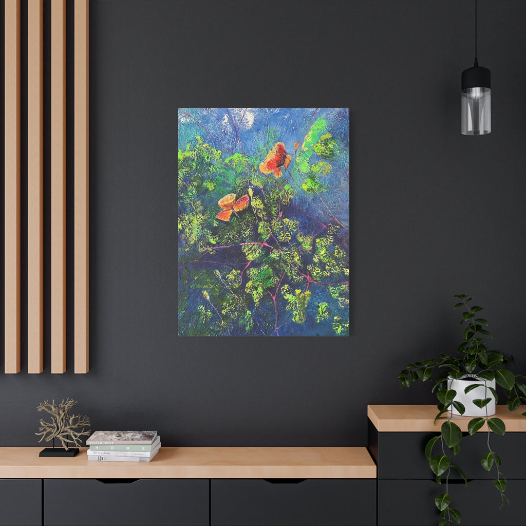 Blumen der Nacht – Ausdrucksstarke Natur in Blau und Orange - Blumenabstrakt Leinwanddruck