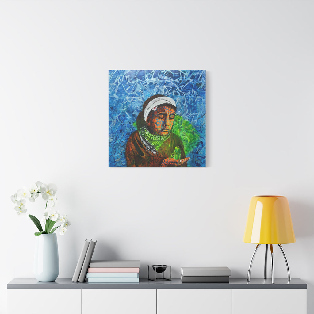 Mädchen mit dem Hologramm – Emotionale moderne Kunst | Abstrakter Leinwanddruck | Tiefgründiges Wandbild