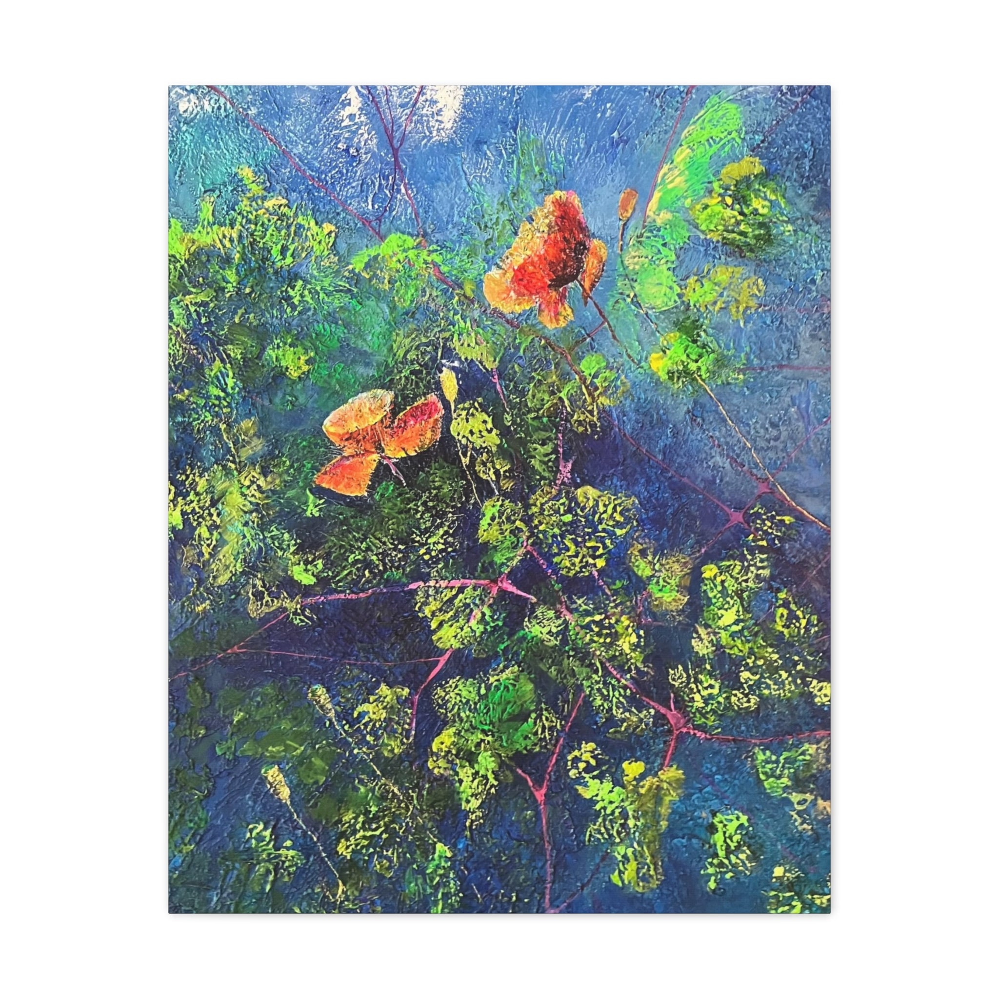Blumen der Nacht – Ausdrucksstarke Natur in Blau und Orange - Blumenabstrakt Leinwanddruck
