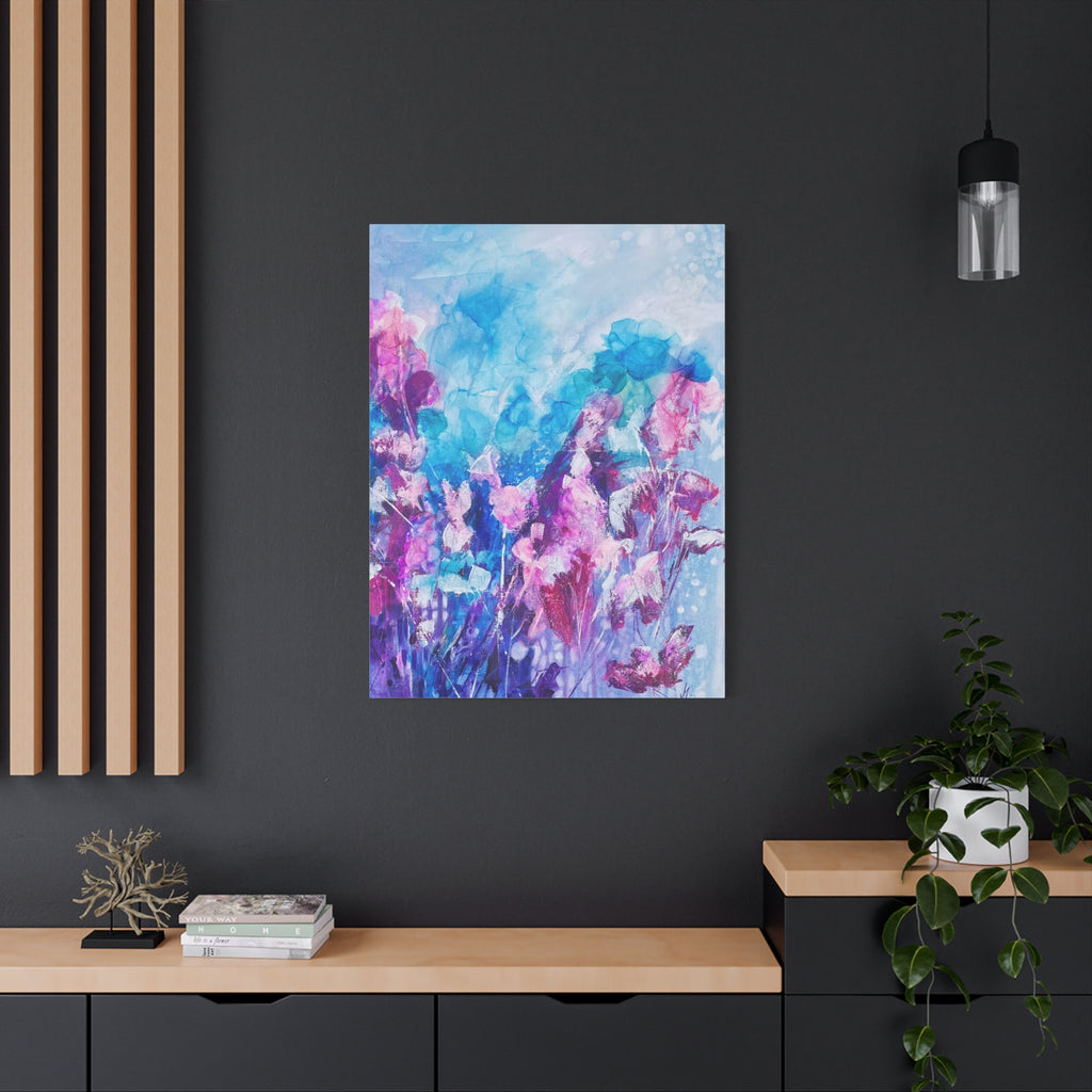 Blütenzauber im Licht – Abstraktes Leinwandbild mit modernen Blumen in Türkis & Pink