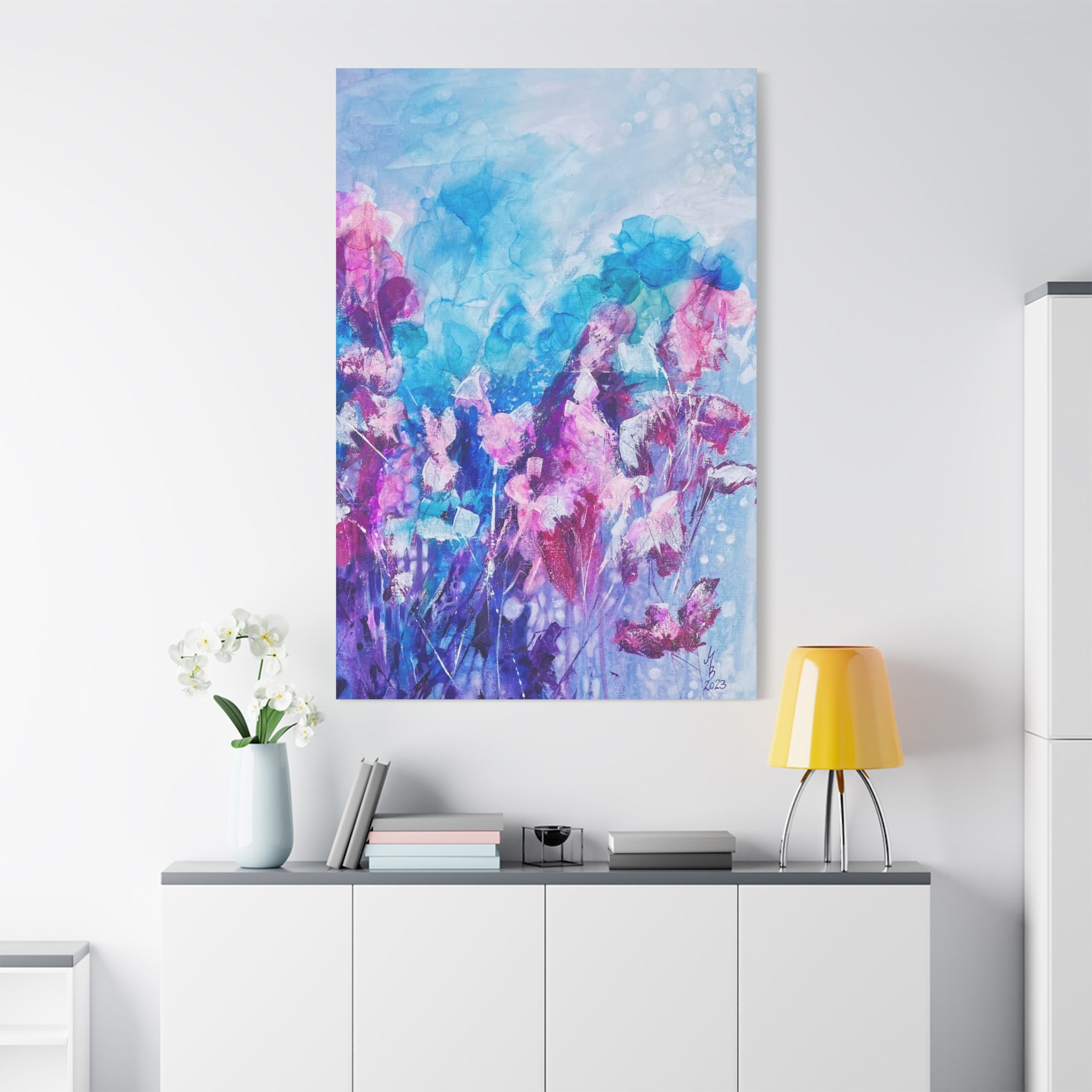 Floral magic in the light – Abstract canvas painting with modern flowers in turquoise & pink