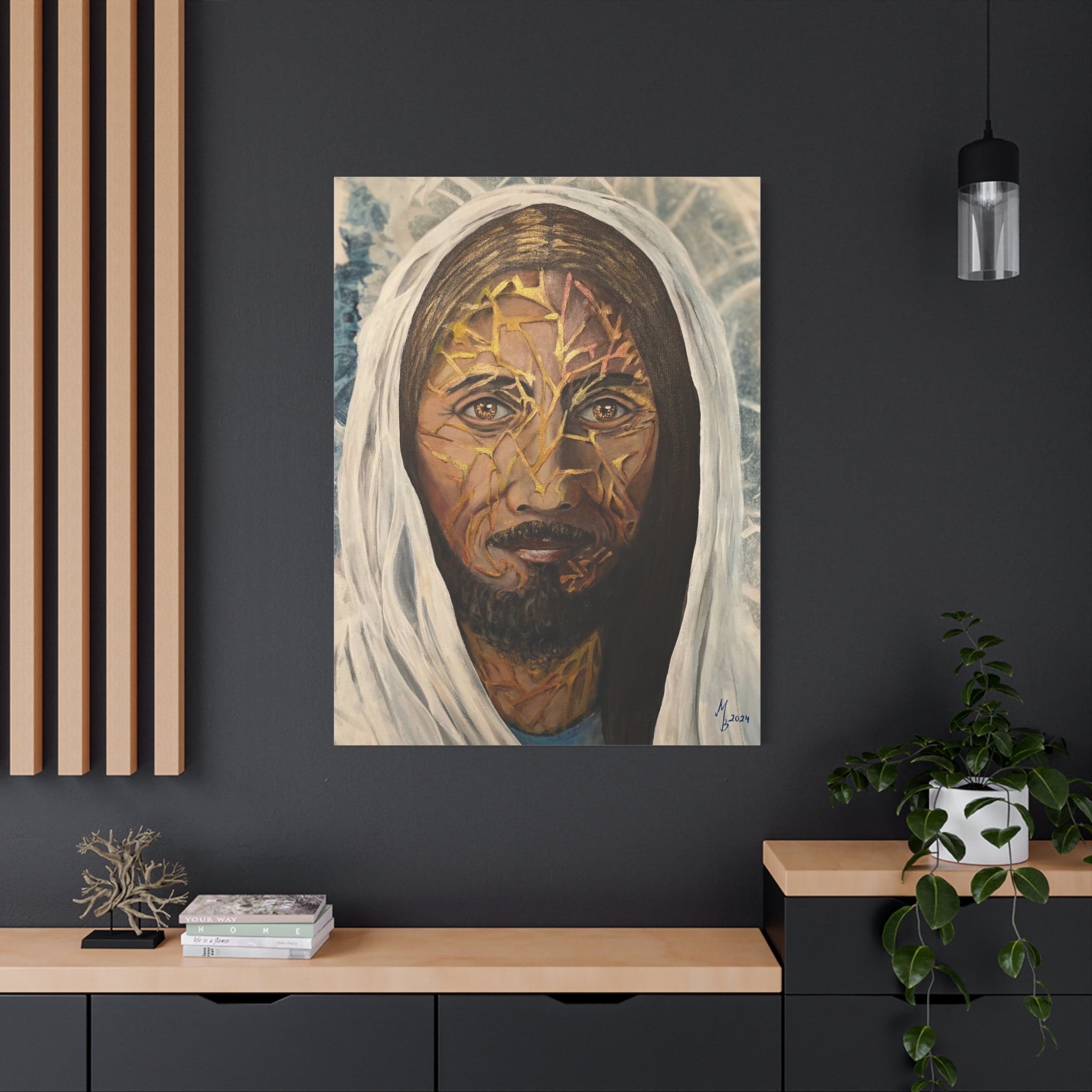 Der Schäfer – Spirituelles Porträt Gemälde mit Goldakzenten – Symbolische zeitgenössische Kunst