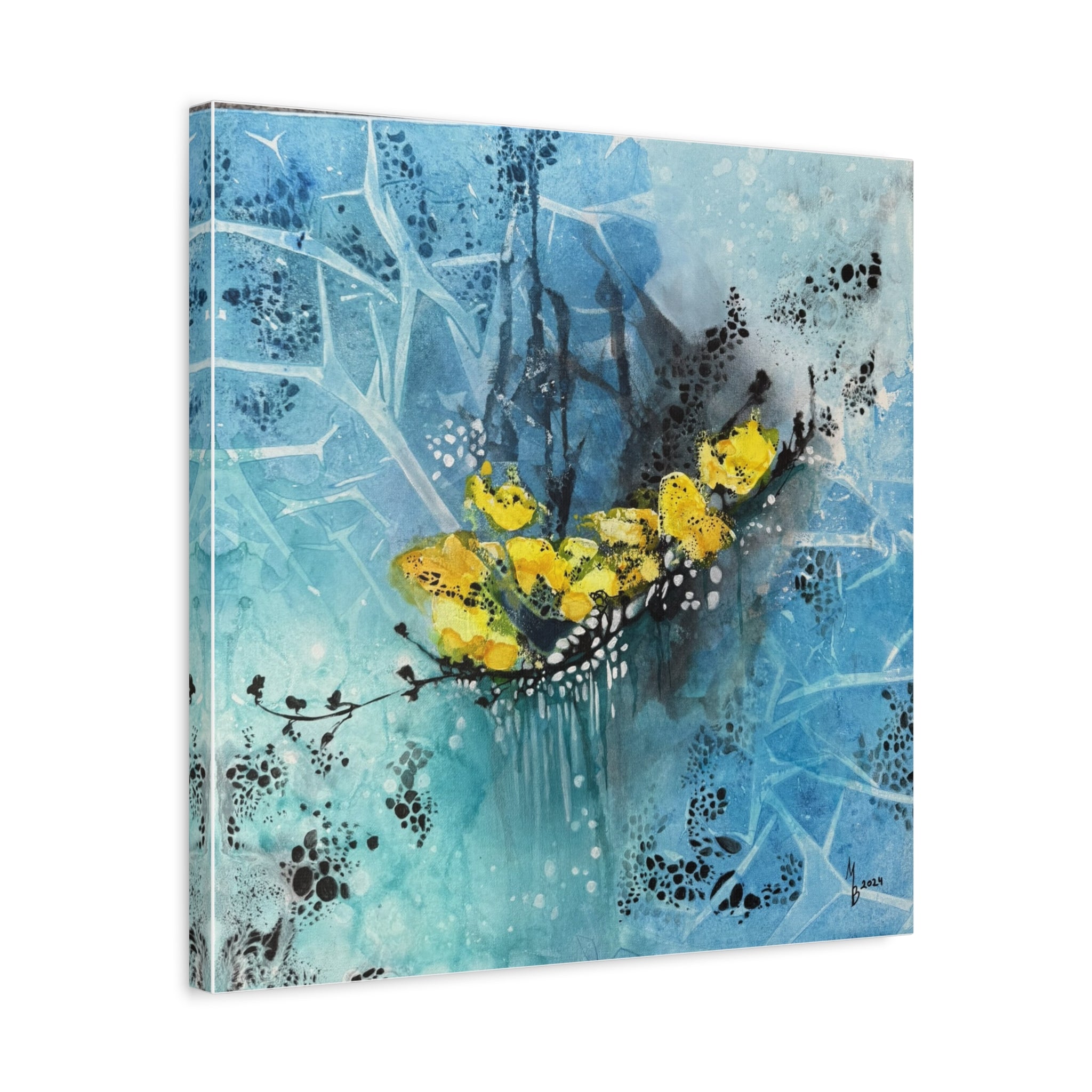 Ice Flowers – Abstract Winter Art | Blue Canvas Painting | Frosty Nature | Calm Modern Wall Decor 