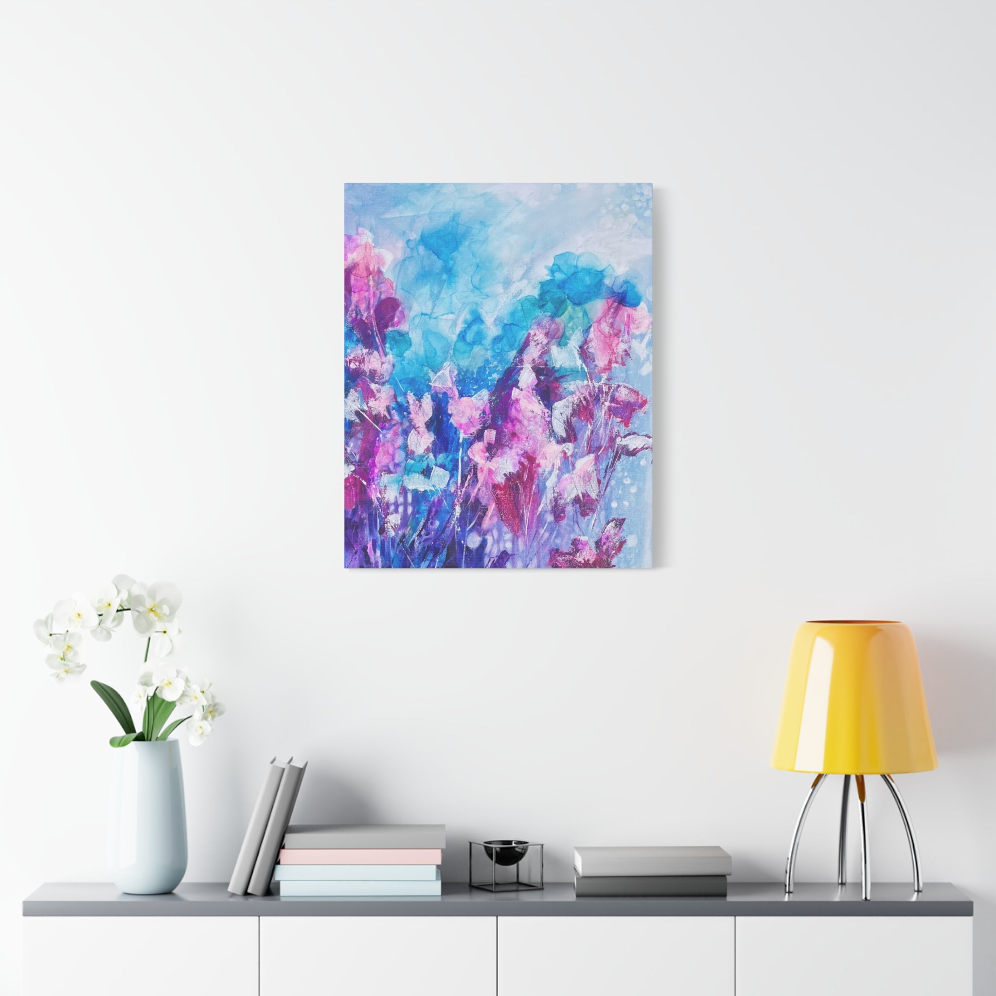 Blütenzauber im Licht – Abstraktes Leinwandbild mit modernen Blumen in Türkis & Pink