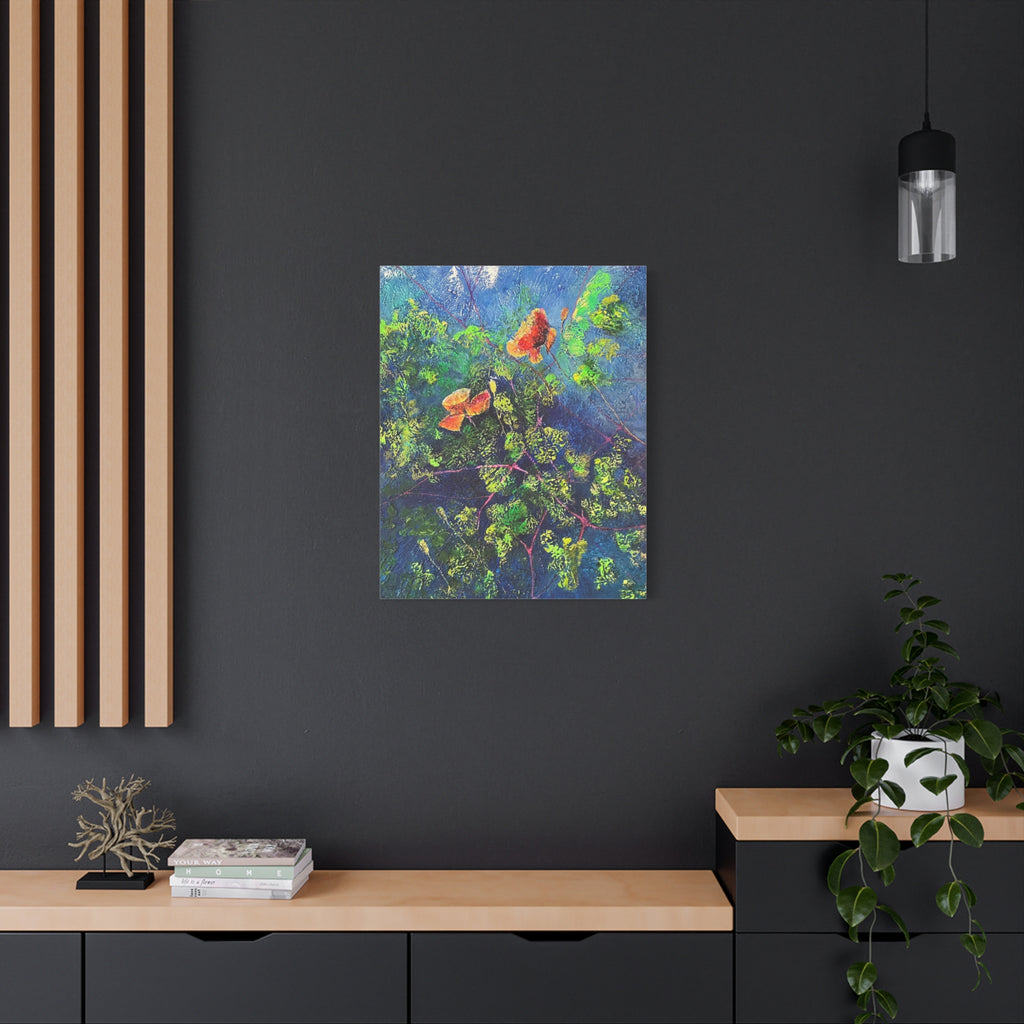 Blumen der Nacht – Ausdrucksstarke Natur in Blau und Orange - Blumenabstrakt Leinwanddruck