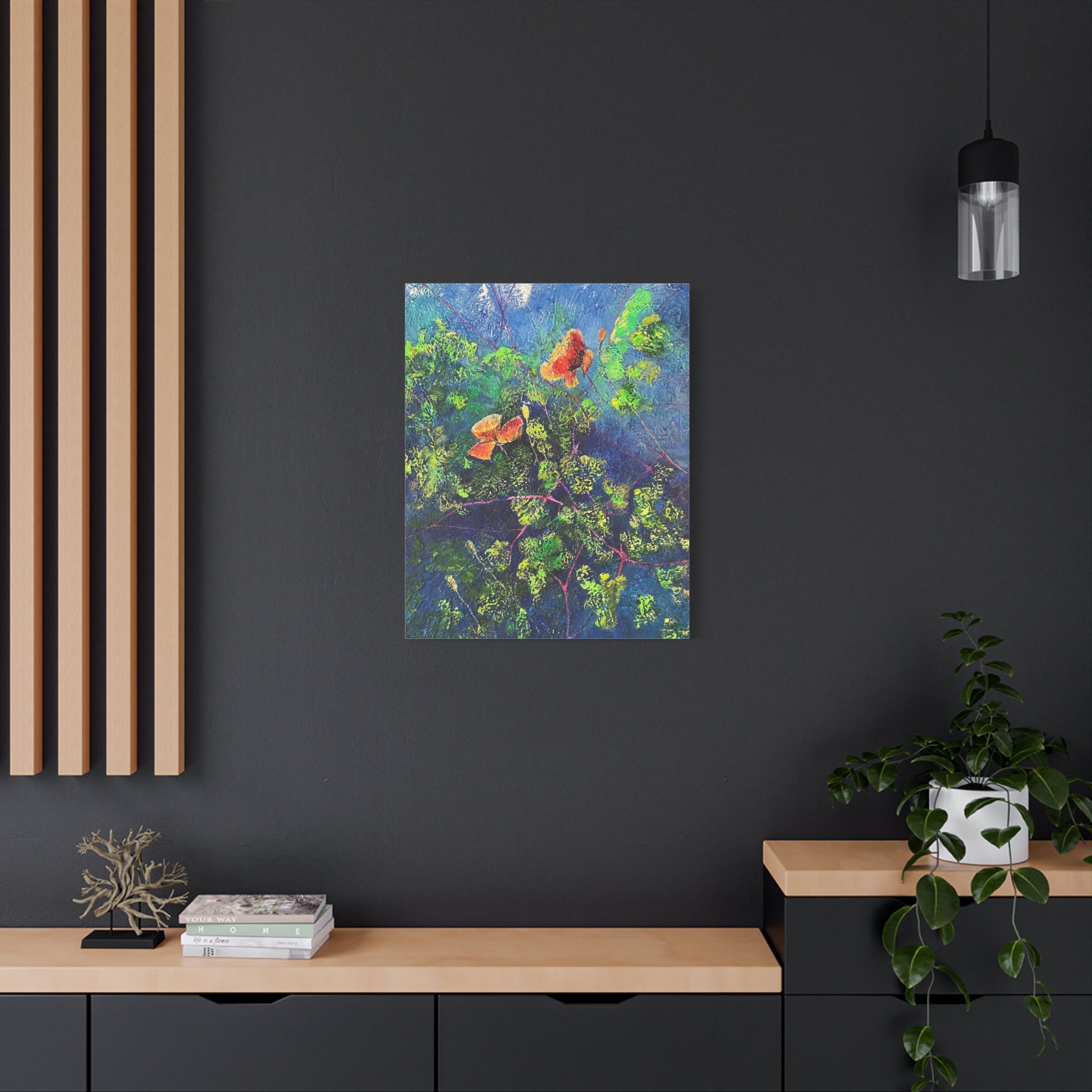 Blumen der Nacht – Ausdrucksstarke Natur in Blau und Orange - Blumenabstrakt Leinwanddruck
