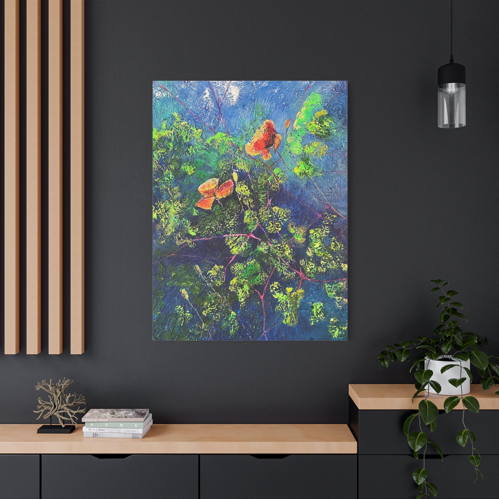 Blumen der Nacht – Ausdrucksstarke Natur in Blau und Orange - Blumenabstrakt Leinwanddruck