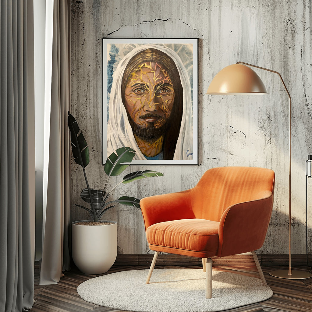 Der Schäfer – Spirituelles Porträt Gemälde mit Goldakzenten – Symbolische zeitgenössische Kunst