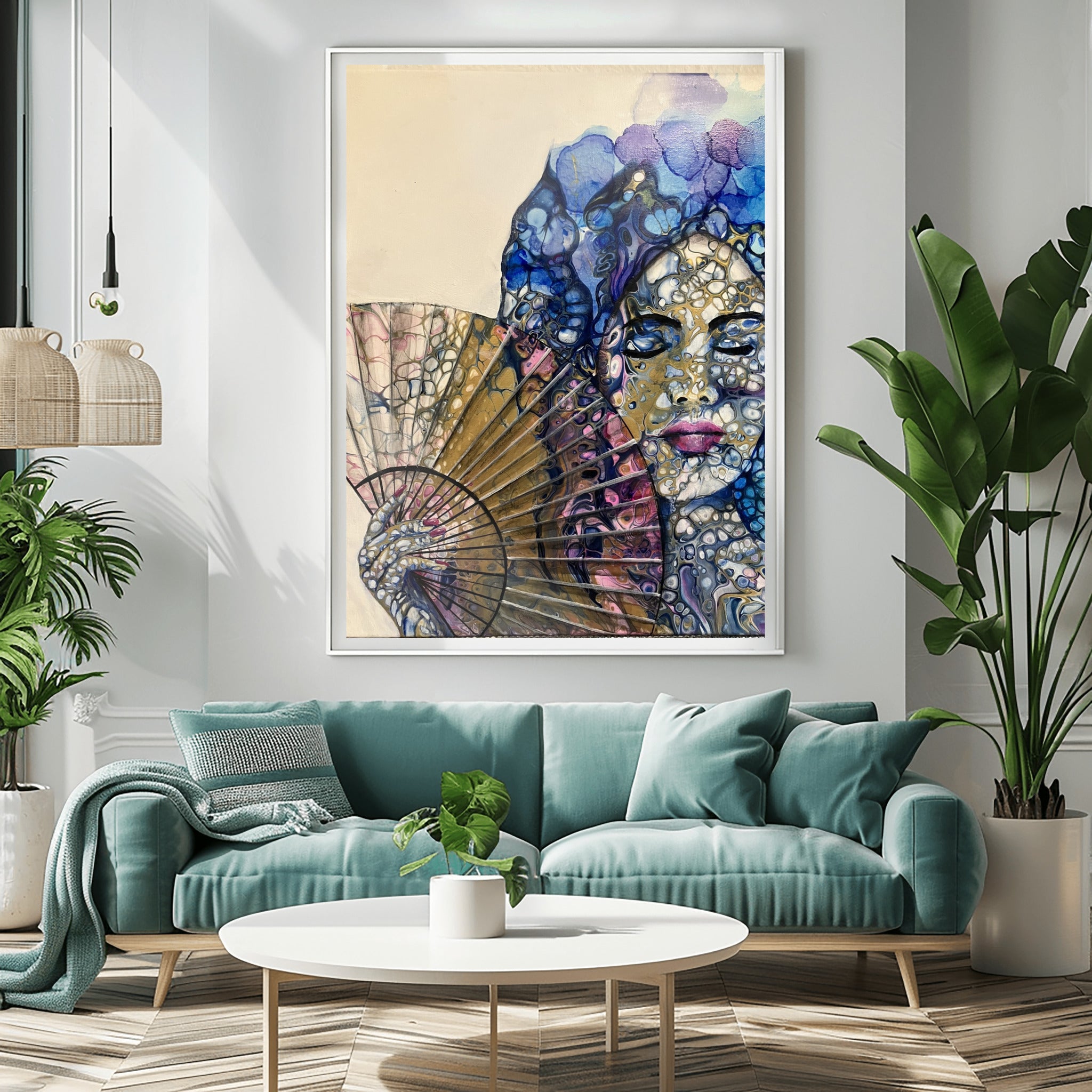 The Woman with the Fan - Mysterious Beauty - Portrait with Fan in Abstract Technique