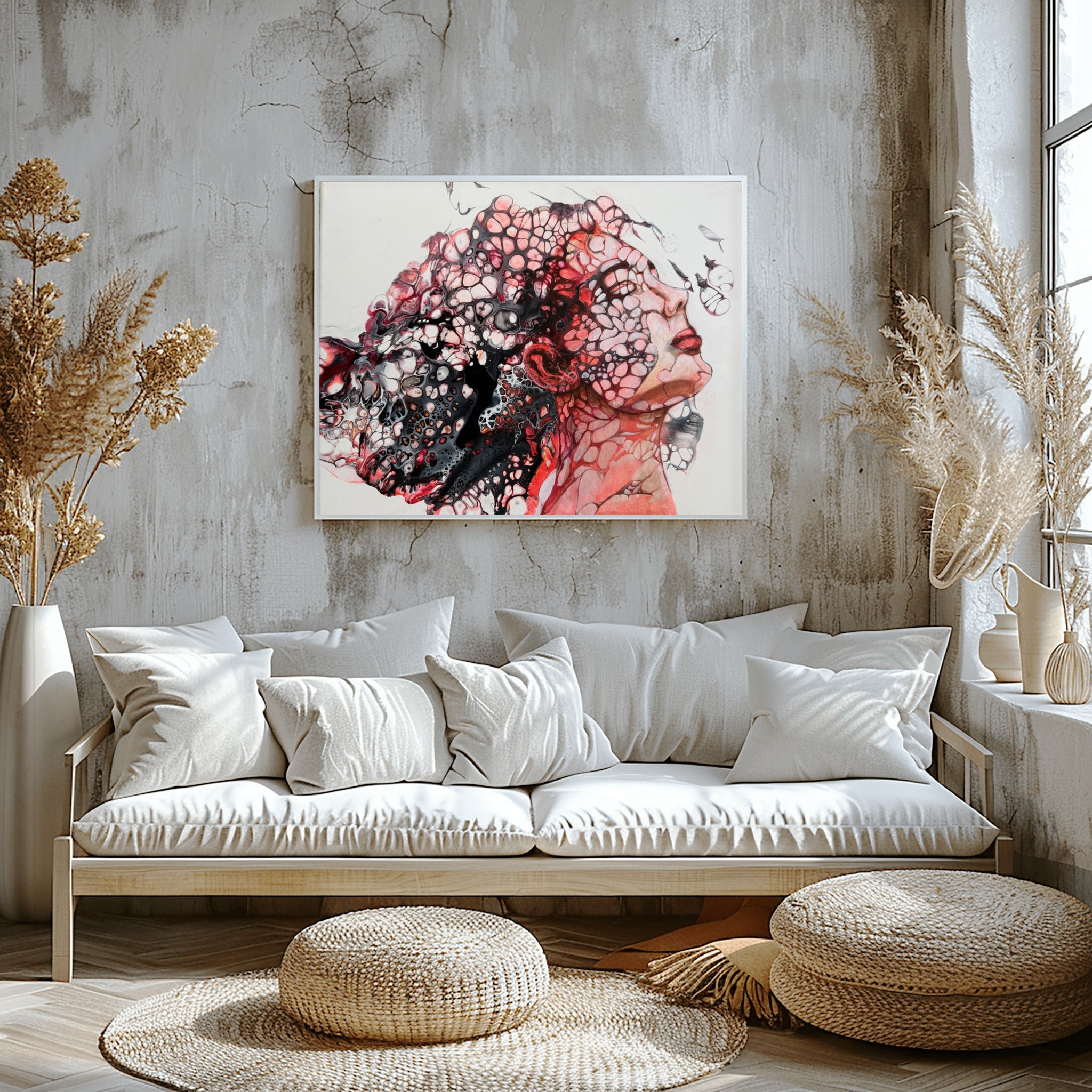 Essence of a Woman – Expressive abstract female art | Red canvas painting | Modern figurative art 