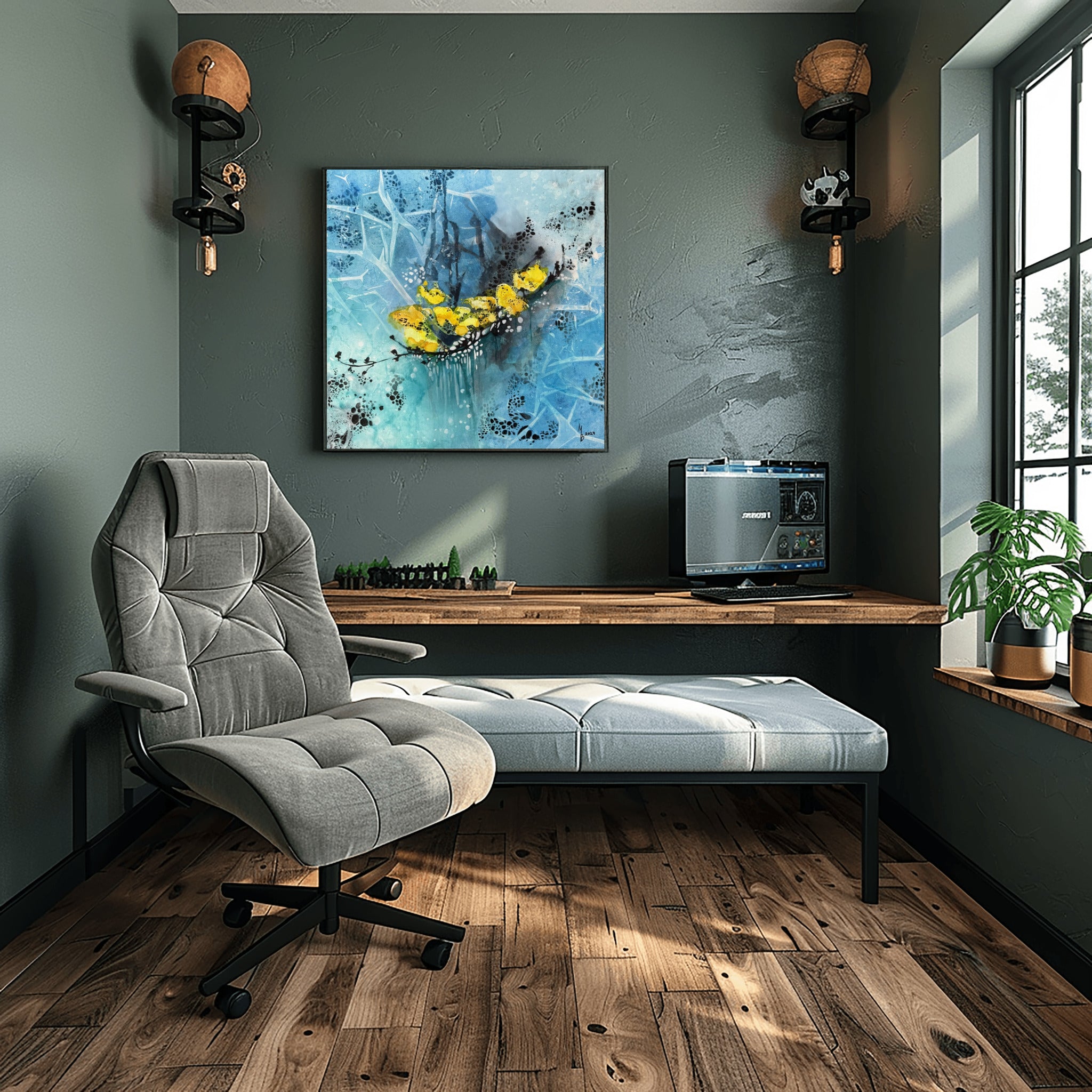Ice Flowers – Abstract Winter Art | Blue Canvas Painting | Frosty Nature | Calm Modern Wall Decor 