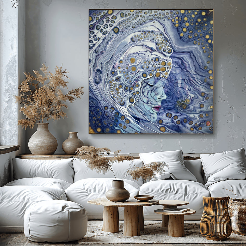 Ice Queen – Surreale blaue Frauenkunst | Mystischer Leinwanddruck | Elegante moderne Wanddeko
