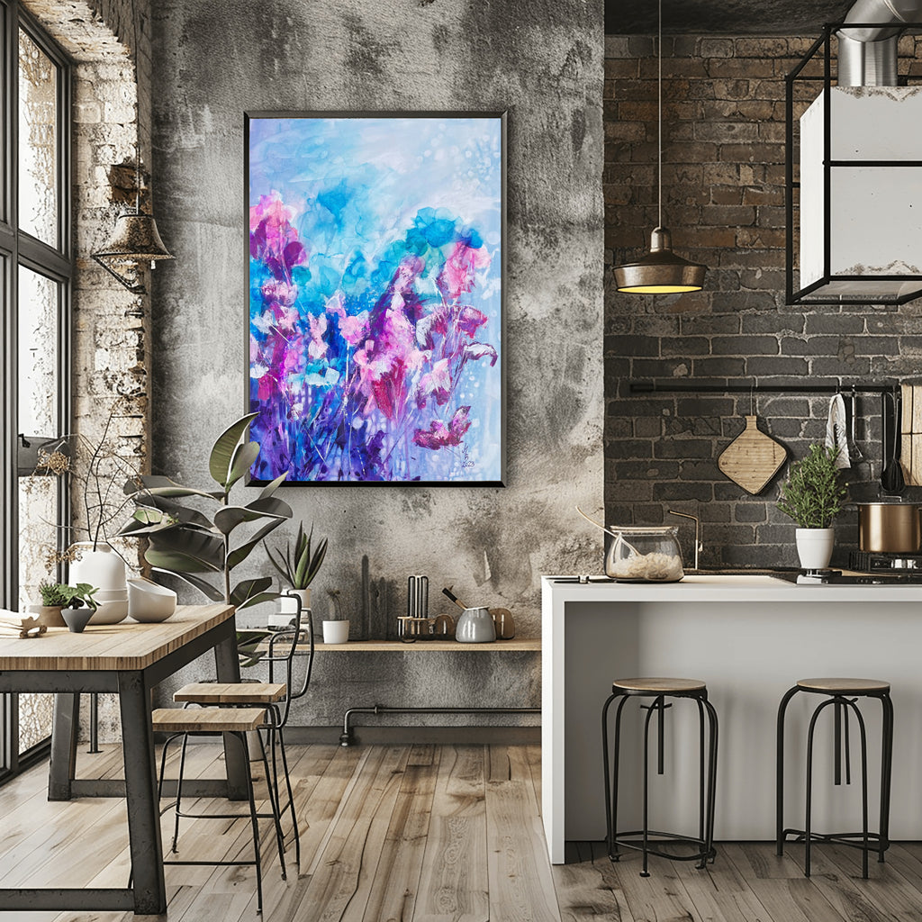 Blütenzauber im Licht – Abstraktes Leinwandbild mit modernen Blumen in Türkis & Pink