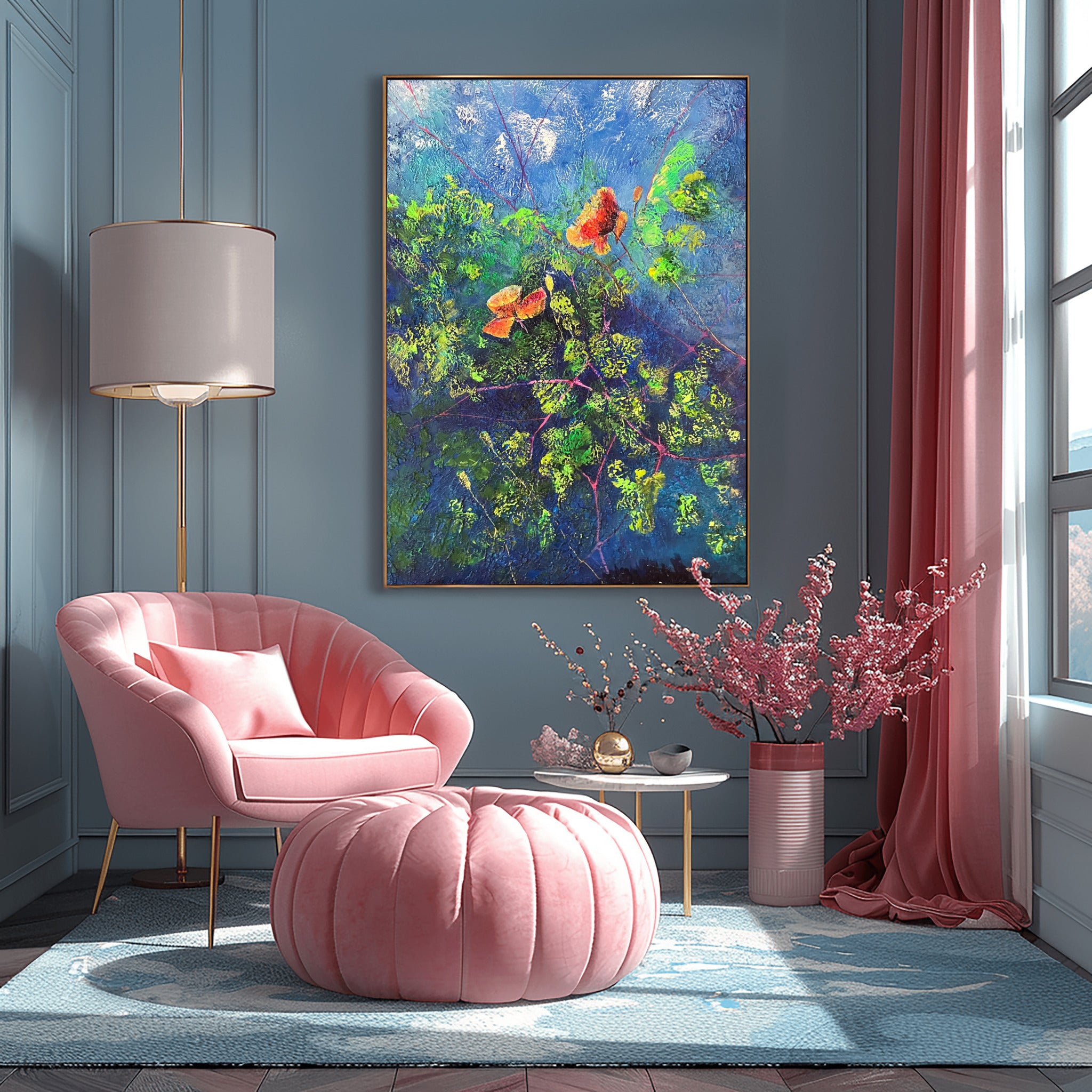 Blumen der Nacht – Ausdrucksstarke Natur in Blau und Orange - Blumenabstrakt Leinwanddruck