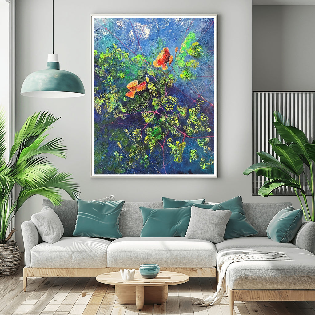 Blumen der Nacht – Ausdrucksstarke Natur in Blau und Orange - Blumenabstrakt Leinwanddruck