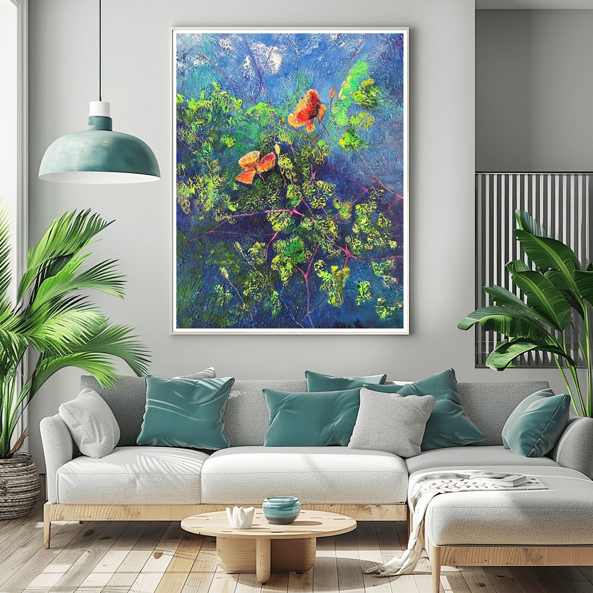 Blumen der Nacht – Ausdrucksstarke Natur in Blau und Orange - Blumenabstrakt Leinwanddruck